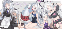 1girl absurdres ahoge alternate_costume alternate_hairstyle apron bead_necklace beads black_choker black_dress black_gloves black_one-piece_swimsuit black_shirt black_shorts black_skirt black_thighhighs blue_archive blue_necktie blush choker closed_mouth demon_girl demon_horns demon_wings double-parted_bangs dress elbow_gloves fingerless_gloves frilled_shirt frills gloves hair_bun hairband highres hina_(blue_archive) hina_(dress)_(blue_archive) hina_(swimsuit)_(blue_archive) holding holding_swim_ring holding_tray holding_whistle horns innertube jewelry loli long_hair long_sleeves looking_at_viewer looking_to_the_side maid maid_apron maid_headdress navel necklace necktie off-shoulder_shirt off_shoulder official_alternate_costume official_alternate_hairstyle one-piece_swimsuit purple_dress purple_eyes purple_gloves school_swimsuit shirt short_shorts shorts sidelocks skirt sleeveless sleeveless_dress sleeveless_shirt solo stomach strapless strapless_dress super_h2o swim_ring swimsuit thigh_strap thighhighs tray twintails two_side_up whistle white_apron white_hair white_hairband white_shirt wings