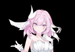 1girl bare_shoulders black_background breasts cleavage commentary commentary_request corset elysia_(herrscher_of_human:_ego)_(honkai_impact) elysia_(honkai_impact) english_commentary gloves hair_propeller highres honkai_(series) honkai_impact_3rd large_breasts mixed-language_commentary newroute_ir pink_hair purple_eyes short_hair simple_background solo upper_body white_corset white_gloves