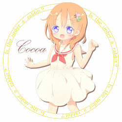 Rule 34 | 1girl, 22m, alternate costume, artist name, blue eyes, blush, copyright name, dress, english text, female focus, flower, gochuumon wa usagi desu ka?, hair flower, hair ornament, hairclip, hands up, highres, hoto cocoa, looking at viewer, neckerchief, open mouth, orange hair, pink flower, red neckerchief, sailor collar, short hair, simple background, solo, standing, text focus, white background, white dress, white sailor collar