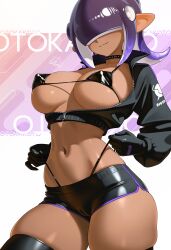 1girl absurdres artist_name bikini black_bikini black_gloves black_jacket black_shorts breasts commentary covered_erect_nipples dark-skinned_female dark_skin english_commentary gloves hair_over_eyes highres jacket large_breasts navel nintendo octoling_girl octoling_player_character otokakoto pointy_ears purple_hair short_hair shorts smile solo splatoon_(series) swimsuit tentacle_hair