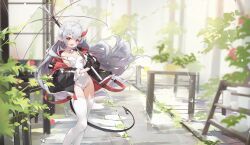 Rule 34 | 1girl, ahoge, black gloves, black jacket, black tail, blush, braid, braided bangs, breasts, chinese commentary, commentary request, crossed bangs, demon girl, demon horns, demon tail, feet out of frame, floating hair, gloves, grey hair, hair between eyes, half gloves, henzer, highleg, highleg leotard, highres, horns, jacket, leotard, long hair, long pointy ears, long sleeves, looking at viewer, medium breasts, multicolored jacket, off shoulder, oil-paper umbrella, open clothes, open jacket, open mouth, original, outdoors, plant, pointy ears, pom pom (clothes), puffy long sleeves, puffy sleeves, rain, red eyes, red horns, red jacket, single horn, smile, solo, sparkle, standing, strapless, strapless leotard, tail, thighhighs, transparent, transparent umbrella, two-sided fabric, two-sided jacket, two-tone jacket, umbrella, umbrella over shoulder, very long hair, white leotard, white thighhighs