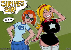 Rule 34 | 2girls, ben 10, ben 10: omniverse, blonde hair, breast envy, breasts, garabato, glasses, green eyes, gwen tennyson, huge breasts, lipstick, lucy mann, makeup, medium breasts, multiple girls, orange hair, smile, thick thighs, thighs, wide hips