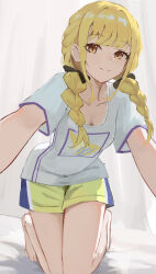 Rule 34 | 1girl, absurdres, bare legs, barefoot, black bow, blonde hair, blush, bow, braid, breasts, collarbone, fujita kotone, gakuen idolmaster, haimaotuanzi, hair bow, highres, idolmaster, indoors, kneeling, light smile, long hair, looking at viewer, shirt, short shorts, short sleeves, shorts, small breasts, solo, twin braids, two-tone shorts, white shirt, yellow eyes