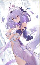 1girl asymmetrical_gloves bare_shoulders black_tiara bow breasts bug butterfly castorice_(honkai:_star_rail) cleavage closed_mouth elbow_gloves gloves hair_between_eyes highres hino_kagutsuki honkai:_star_rail honkai_(series) insect long_hair looking_at_viewer panties pointy_ears purple_butterfly purple_eyes purple_gloves purple_hair purple_panties see-through_clothes smile solo standing tiara underwear uneven_gloves white_bow