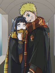 1boy 1girl :d black_hair black_robe blonde_hair grin gryffindor highres hufflepuff hyuuga_hinata long_hair long_sleeves naruto_(series) naruto_shippuuden notane_n open_mouth orange_scarf red_scarf robe scarf short_hair smile spiked_hair standing striped_clothes striped_scarf teeth two-tone_robe uzumaki_naruto wizarding_world