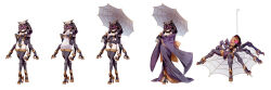 1girl absurdres bingshan black_kimono bug clothed_robot expressionless extra_arms grey_sweater head_tilt highres holding holding_umbrella hood hood_down incredibly_absurdres japanese_clothes kimono mask mecha meme_attire multiple_views non-humanoid_robot original robot robot_animal science_fiction silk spider spider_web standing sweater umbrella virgin_killer_sweater