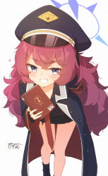1girl absurdres armband black_boots black_hat black_jacket black_shirt black_skirt blue_archive book boots collarbone collared_shirt commentary_request coreytaiyo dated feet_out_of_frame grey_eyes grin hair_between_eyes halo hat heart highres holding holding_book iroha_(blue_archive) jacket lace-up_boots leaning_forward long_sleeves looking_at_viewer necktie open_clothes open_jacket peaked_cap red_hair red_necktie shirt signature simple_background skirt smile solo standing white_background wide_sleeves