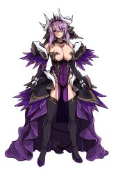 Rule 34 | 1girl, absurdres, aoi tabane, bare shoulders, black gloves, black thighhighs, breast tattoo, breasts, chest tattoo, cleavage, commission, corruption, cosplay, crown, dark persona, demon girl, demon horns, demon tail, dress, elbow gloves, eyes visible through hair, fate/grand order, fate (series), fujimaru ritsuka (male), full body, genderswap, genderswap (mtf), gloves, grin, heart, heart tattoo, high heels, highres, horns, kouyoku senki exs-tia, large breasts, looking at viewer, luxiel (kouyoku senki exs-tia), luxiel (kouyoku senki exs-tia) (cosplay), pelvic curtain, pixiv commission, pointy ears, pubic tattoo, purple eyes, purple hair, revealing clothes, see-through clothes, simple background, smile, solo, standing, strapless, strapless dress, tachi-e, tail, tattoo, thighhighs, transparent background, white background, white horns