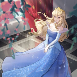 1girl animification aurora_(disney) blonde_hair blue_dress blue_eyes chibi_vanille dress full_body highres long_hair long_sleeves looking_at_viewer makeup simple_background sleeping_beauty_(disney) smile solo tiara