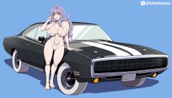 absurdres amber_eye ass bikini breasts car dodge_(company) dodge_charger highres high_school_dxd huge_ass huge_breasts ingvild_leviathan lukaforyou micro_bikini motor_vehicle muscle_car peace_symbol pinup_(style) purple_hair swimsuit thighhighs thighs wavy_hair white_bikini