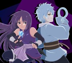 1boy 1girl bare_shoulders boruto:_naruto_next_generations closed_mouth elbow_gloves fingerless_gloves gloves holding_kunai holding_weapon japanese_clothes kakei_sumire kunai long_hair long_sleeves looking_at_viewer looking_to_the_side mitsuki_(naruto) moon-realm naruto_(series) pants purple_eyes purple_gloves purple_hair short_hair snake very_long_hair weapon wide_sleeves yellow_eyes