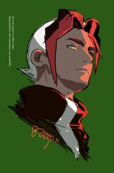 1boy black_jacket bright_pupils closed_mouth commentary_request cropped_shoulders curtained_hair dark-skinned_male dark_skin goopon green_hair highres jacket male_focus multicolored_hair nintendo pokemon pokemon_(anime) pokemon_horizons portrait sidian_(pokemon) simple_background solo white_hair white_pupils yellow_eyes