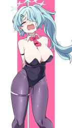1girl absurdres black_leotard blue_archive blue_hair blush breasts closed_eyes crying hair_over_one_eye halo highres hiyori_(blue_archive) large_breasts leotard long_hair open_mouth pantyhose playboy_bunny rabbit_hole_(vocaloid) simple_background solo standing strapless strapless_leotard tears tobi_(kite221212) white_background