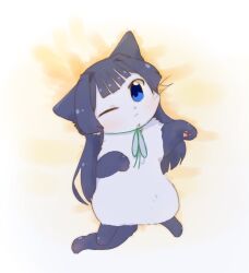 Rule 34 | animal, animal focus, animalization, black fur, black hair, blue eyes, cat, closed mouth, full body, green ribbon, grey cat, grey fur, hutaba, idolmaster, idolmaster million live!, long hair, looking at viewer, lying, mogami shizuka, neck ribbon, no humans, on back, one eye closed, pawpads, ribbon, solo