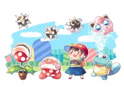 1boy :d arm_up baseball_cap black_hair blue_eyes blue_shirt blue_shorts blue_sky blush brown_eyes closed_mouth commentary_request copy_ability flower_pot full_body gen_1_pokemon gordo halftone hat hill hitofutarai jigglypuff kirby kirby_(series) looking_up mario_(series) mother_(series) mother_2 multicolored_clothes ness_(mother_2) nintendo open_mouth piranha_plant pokemon pokemon_(creature) red_footwear red_headwear sharp_teeth shirt shoes short_hair short_sleeves shorts sideways_hat sky smile socks solid_oval_eyes spike_ball squirtle standing striped_clothes striped_shirt super_smash_bros. t-shirt teeth two-tone_shirt water white_background white_socks yellow_shirt