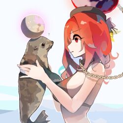Rule 34 | 1girl, ?, animal, bare shoulders, beach, bikini, black bikini, breasts, chain, choker, day, gold chain, hecatia lapislazuli, highres, holding, holding animal, kaliningradg, long hair, medium breasts, moon (ornament), ocean, open mouth, outdoors, red hair, seal (animal), solo, speech bubble, swimsuit, touhou, underworld (ornament), whiskers