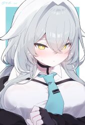 1girl akikan_sabako aqua_background aqua_necktie black_choker black_gloves black_jacket blue_background blue_necktie blush border breasts bright_pupils chest_harness choker clenched_hand closed_mouth collared_shirt crossed_bangs double-parted_bangs fingerless_gloves flying_sweatdrops gloves grey_hair hair_between_eyes hair_flaps hair_intakes halo harness highres jacket large_breasts long_bangs long_hair long_sleeves looking_at_viewer loose_necktie necktie off_shoulder rurune_(vrchat) shirt sidelocks simple_background solo sweat sweatdrop twintails twitter_username two-tone_background upper_body vrchat white_background white_border white_hair white_shirt yellow_eyes