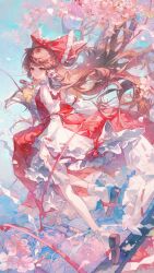 1girl absurdres bare_shoulders black_sandals bow breasts brown_eyes brown_hair cherry_blossoms detached_sleeves dress frilled_bow frilled_dress frills full_body hair_bow hakurei_reimu highres large_bow long_hair looking_at_viewer maccha_(mochancc) nontraditional_miko outdoors parted_lips red_bow red_dress sandals sleeveless sleeveless_dress socks solo touhou white_socks wide_sleeves