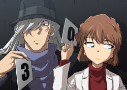 1boy 1girl age_difference averting_eyes black_hat brown_hair child closed_mouth commentary_request gin_(meitantei_conan) green_eyes haibara_ai hat highres holding holding_sign jacket long_hair long_sleeves meitantei_conan red_sweater short_hair sign sooma4869 sweat sweater turtleneck turtleneck_sweater white_hair white_jacket
