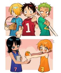 2girls 3boys aged_down bandaid bandaid_on_face black_hair blonde_hair blue_shirt child commentary_request curly_eyebrows dress food fruit green_hair green_shirt hair_over_one_eye highres holding holding_food holding_fruit ki2ri5 looking_at_viewer mandarin_orange medium_hair monkey_d._luffy multiple_boys multiple_girls nami_(one_piece) nico_robin numbered one_piece orange_dress orange_hair red_shirt roronoa_zoro sanji_(one_piece) scar scar_on_face shirt sleeveless