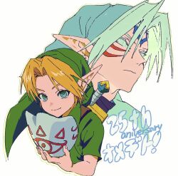 1boy anniversary asa8720 blonde_hair curtained_hair facial_mark fierce_deity green_tunic highres holding holding_mask link mask nintendo pointy_ears sheath sheathed smile sword the_legend_of_zelda the_legend_of_zelda:_majora&#039;s_mask tunic weapon white_hair young_link