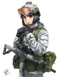1girl assault_rifle black_hair camouflage dated female_focus gloves goggles goggles_on_headwear gun helmet highres jacket jpc load_bearing_equipment looking_at_viewer military military_combat_uniform military_fatigues military_jacket military_uniform orange_eyes original rifle scope sig_sauer sig_sauer_556 snow_camouflage soldier solo weapon white_background
