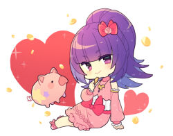 Rule 34 | 1girl, arm support, bad id, bad pixiv id, blunt bangs, bow, chibi, closed mouth, coin, detached sleeves, full body, hair bow, hanazono shuka, hand up, holding, holding coin, idol clothes, idol time pripara, jewelry, long hair, long sleeves, looking at viewer, n (m ohkamotoh), necklace, piggy bank, pink bow, pink shirt, pink shoes, pink skirt, ponytail, pretty series, pripara, purple eyes, purple hair, shirt, shoes, sitting, skirt, smile, solo, sparkle, white background