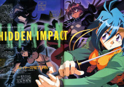1990s_(style) 1boy 3girls aqua_hair armlet bead_necklace beads black_gloves black_hair blue_eyes breasts brown_hair cape circlet constricted_pupils copyright_name copyright_notice crystal_earrings dagger earrings facial_hair fang fantasy fur_trim galef_kainzart gloves gold_teeth grin hand_on_own_hip headband highres jewelry knife large_breasts lina_inverse logo long_hair looking_at_viewer mature_male multiple_girls mustache naga_the_serpent necklace non-web_source official_art one_eye_closed open_mouth parted_lips pointing pointing_at_viewer purple_eyes red_eyes red_hair retro_artstyle sarina_(slayers) scan shaded_face skull_necklace slayers slayers_return smile spiked_pauldrons weapon