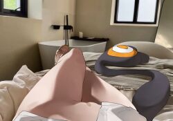 1girl commentary english_commentary feet female_pov gigi_murin highres hololive hololive_english indoors maebari mr_thecatman on_bed photo_background pov sandals shirt solo tail virtual_youtuber white_shirt