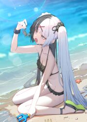 1girl animal aqua_hair bare_shoulders beach bikini black_bikini black_hair blush breasts cleavage collarbone crab crustacean day frilled_bikini frills grey_eyes hair_ornament hair_scrunchie hair_spread_out highres hukahire0120 long_hair multicolored_hair navel ocean open_mouth original outdoors sandals scrunchie seashell shell sitting small_breasts solo starfish swimsuit twintails two-tone_hair very_long_hair wariza x_hair_ornament
