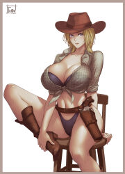 Rule 34 | 1girl, belt, bikini, black bikini, blonde hair, blue eyes, boots, breasts, chair, cleavage, cowboy boots, cowboy hat, dead or alive, dead or alive 6, gun, handgun, hat, highres, holster, holstered, large breasts, lips, long hair, looking at viewer, navel, on chair, revolver, shirt, short hair, simple background, smile, solo, stomach, swimsuit, tied shirt, tina armstrong, tomo eokaiteru, underwear, weapon