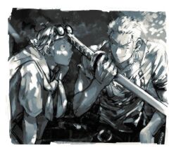 2boys border closed_mouth goggles goggles_on_head greyscale holding holding_sword holding_weapon jacket_around_neck kalk0011 koby_(one_piece) looking_at_another male_focus monochrome multiple_boys one_piece pectoral_cleavage pectorals roronoa_zoro scar scar_across_eye scar_on_face short_hair short_sleeves sword weapon white_border