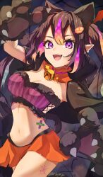 1girl animal_hands bandaid bell bow breasts brown_hair capelet fang fur_trim gloves hair_ornament highres hood hooded_capelet kuronyan9630 long_hair midriff monster_strike multicolored_hair navel neck_bell nightmare_(monster_strike) open_mouth paw_gloves polka_dot_hair purple_eyes solo striped_clothes twintails