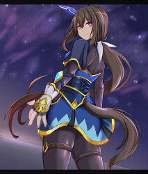 1girl absurdres admire_vega_(umamusume) amashirotenna animal_ears black_gloves black_pantyhose blue_dress blue_skirt bodice brown_hair closed_mouth clothing_cutout commission cowboy_shot dress ear_covers fingerless_gloves from_behind gloves hair_between_eyes hair_ribbon highres horse_ears horse_girl horse_tail letterboxed long_hair looking_at_viewer looking_back low_ponytail night night_sky pantyhose pink_eyes ponytail purple_eyes ribbon single_ear_cover skeb_commission skirt sky smile solo star_(sky) starry_sky tail tail_through_clothes thigh_strap umamusume very_long_hair white_ribbon