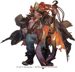 1boy arm_up beard black_boots black_coat black_hat black_sclera blue_pants boots coat coat_on_shoulders colored_sclera dark-skinned_male dark_skin eyepatch facial_hair fire_emblem fire_emblem_heroes full_body gem grin hand_on_own_hip happy hat headband holding holding_polearm holding_weapon jewelry long_hair long_sleeves looking_at_viewer male_focus muscular muscular_male necklace nintendo official_alternate_costume official_art open_clothes open_shirt pants pectorals pirate pirate_hat planted polearm red_eyes red_gemstone red_hair red_headband ring rope sash scar scar_across_eye scar_on_face shirt simple_background smile so-taro solo standing surtr_(fire_emblem) teeth tooth_necklace torn_clothes torn_coat two-sided_coat two-sided_fabric watermark weapon white_background white_shirt