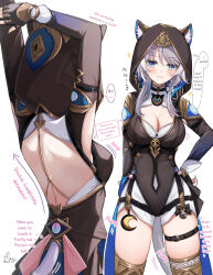1girl animal_ear_fluff animal_ears back backless_leotard belt black_leotard blue_eyes boots breasts cat_ears cat_girl cat_tail cipher_(honkai:_star_rail) cleavage commentary_request from_behind gold_boots grey_hair hard-translated highres honkai:_star_rail honkai_(series) large_breasts leotard mole mole_on_breast multiple_views ranran_3939 short_hair_with_long_locks shorts simple_background stretching tail thigh_belt thigh_strap thighs third-party_edit translated white_background white_shorts