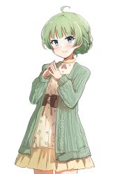 1girl absurdres ahoge alternate_hairstyle blue_eyes blunt_bangs braid breasts cardigan closed_mouth cowboy_shot dot_nose dress green_cardigan green_hair hair_ornament hairclip hands_up highres idolmaster idolmaster_million_live! idolmaster_million_live!_theater_days long_sleeves looking_at_viewer medium_breasts nnnn official_alternate_costume official_alternate_hairstyle open_cardigan open_clothes private_dress_(idolmaster_million_live!) shimabara_elena simple_background smile solo standing steepled_fingers updo white_background yellow_dress