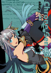 Rule 34 | 1girl, absurdres, akaya shiki, animal ears, aqua background, armpits, black thighhighs, blue eyes, blunt bangs, blush, character name, chrono genesis (umamusume), detached sleeves, english text, fingerless gloves, gloves, grey hair, hair ornament, highres, horse ears, long hair, looking at viewer, open mouth, purple gloves, simple background, smile, solo, thighhighs, umamusume, watermark