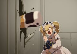 1boy 1girl absurdres barbara_(genshin_impact) blonde_hair broken_door commentary derivative_work dress english_commentary furry furry_male genshin_impact guoba_(genshin_impact) here&#039;s_johnny!_(meme) highres looking_at_another meme open_mouth punching screaming skyler teardrop tearing_up the_shining white_dress wide-eyed wooden_door