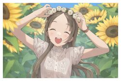 1girl :d arms_up blush brown_hair closed_eyes dress field flower flower_field forehead gakuen_idolmaster head_wreath highres idolmaster kuramoto_china long_hair open_mouth pachiko parted_bangs short_sleeves single_tooth smile straight_hair sunflower sunflower_field teeth upper_teeth_only watch white_dress wristwatch