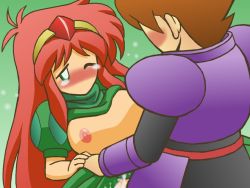 Rule 34 | 1girl, armor, benjamin (ffmq), blush, breasts, brown hair, clothed sex, couple, cum, dress, final fantasy, final fantasy mystic quest, green eyes, holding hands, karen (ffmq), long hair, lunatiris, nipples, no mouth, red hair, sex, short hair, tiara, vaginal