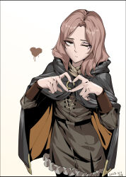 Rule 34 | 1girl, absurdres, brown dress, brown hair, chen zi, cloak, dated, dress, elden ring, heart, heart hands, highres, hood, hooded cloak, jewelry, melina (elden ring), one eye closed, ring, simple background, white background, yellow eyes