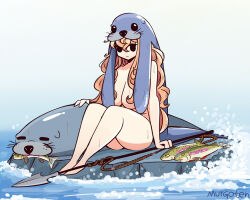 1girl blonde_hair fishing harpoon murgoten seal_(animal) selkie