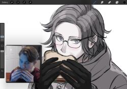 1boy aotsuki_eito art_program_in_frame black_gloves chuwuza commentary eating english_commentary food glasses gloves grey_eyes grey_hair highres holding jacket jerma985 jerma985_eating_a_whopper_(meme) long_sleeves male_focus meme portrait procreate_(medium) reference_inset sandwich short_hair simple_background solo the_hundred_line_-last_defense_academy- white_background white_jacket