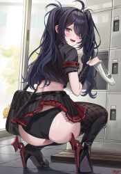 1girl absurdres ahoge ass azur_lane bag black_hair black_panties black_serafuku black_shirt black_skirt boots brown_thighhighs clothes_lift commentary_request crop_top embarrassed fang fishnet_thighhighs fishnets from_behind hair_ornament high_heel_boots high_heels highres iino_(isnyong) knee_boots korean_commentary long_hair looking_at_viewer looking_back manjuu_(azur_lane) mary_janes median_furrow midriff miniskirt open_mouth panties pleated_skirt purple_eyes rudder_footwear school_bag school_uniform serafuku shirt shoes short_sleeves skirt skirt_lift smile solo squatting thighhighs thighs underwear white_footwear x_hair_ornament z11_(azur_lane)