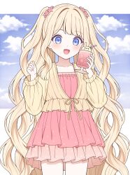1girl blonde_hair blue_eyes cloud cloudy_sky cowboy_shot cup dress frilled_sleeves frills hair_intakes highres holding holding_cup layered_dress long_hair long_sleeves open_mouth original pink_dress san_nana shirt sky smile solo sundress two_side_up very_long_hair yellow_shirt