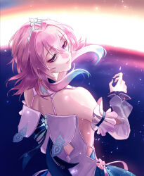 1girl absurdres bare_shoulders blue_dress blue_eyes blue_hair bow closed_mouth clothing_cutout colored_tips commentary dassill1103 dress from_behind highres honkai:_star_rail honkai_(series) march_7th_(honkai:_star_rail) march_7th_(nascent_spring)_(honkai:_star_rail) medium_hair multicolored_dress multicolored_hair off-shoulder_dress off_shoulder pink_bow pink_dress pink_eyes pink_hair pink_pupils solo tiara white_dress