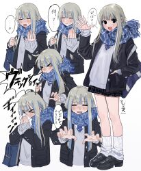 Rule 34 | &gt; &lt;, 1girl, bag, barbell piercing, black footwear, black jacket, black skirt, blowing nose, blue bag, blue hair, blue scarf, blush, closed eyes, closed mouth, commentary request, ear piercing, grey hair, grey sweater, hamafugu, hand in pocket, highres, industrial piercing, jacket, leg warmers, loafers, long hair, long sleeves, multicolored hair, multiple views, open clothes, open jacket, open mouth, original, outline, piercing, plaid clothes, plaid skirt, pleated skirt, scarf, school bag, school uniform, shoes, shoulder bag, sidelocks, simple background, skirt, sleeves past wrists, sneezing, streaked hair, sweater, translation request, waving, white background, white leg warmers, white outline