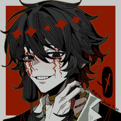1boy black_eyes black_hair black_jacket border bukeshi chinese_commentary commentary_request dated facepaint green_outline grey_border grin hair_between_eyes hand_on_own_neck jacket jaggy_lines male_focus outline outside_border portrait red_background shirt short_hair_with_long_locks sidelocks smile solo speech_bubble spoken_x touqi_guaitan white_shirt ziche_fuzhao
