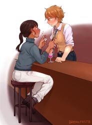 Rule 34 | 2girls, artist name, bar (place), bar stool, bartender, belt, belt buckle, black belt, black pants, blush, blush visible through hair, border, brown hair, brown shoes, buckle, chadolbaegi, clothes grab, cocktail, cocktail glass, collared shirt, commentary, cup, dark-skinned female, dark skin, drinking glass, ear blush, elbow rest, elbows on table, english commentary, eye contact, glasses, grey neckerchief, grey socks, grey sweater, hands on table, highres, holding, holding paper, long hair, long sleeves, looking at another, multiple girls, neckerchief, necktie, necktie grab, neckwear grab, nose blush, on stool, orange hair, original, pants, paper, parted lips, phone number, ponytail, round eyewear, shirt, shoes, sitting, sleeves rolled up, socks, standing, stool, sweater, tomboy, turtleneck, turtleneck sweater, vest, white border, white pants, white shirt, wing collar, yellow vest, yuri